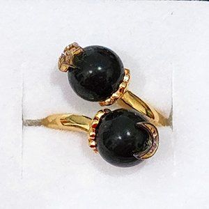 Australian Black Tourmaline & White Zircon celestial bypass ring in 14K YG/925